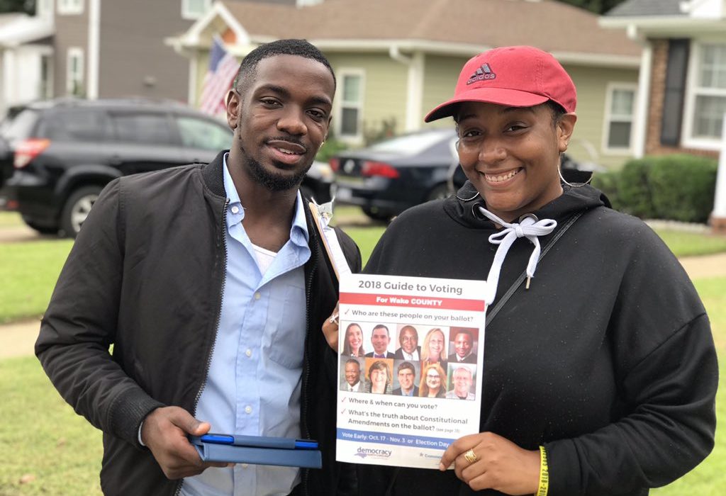 Lemarquise Ward from Saint Augustine’s University and Jennifer Samuels from Shaw University educate voters in Raleigh