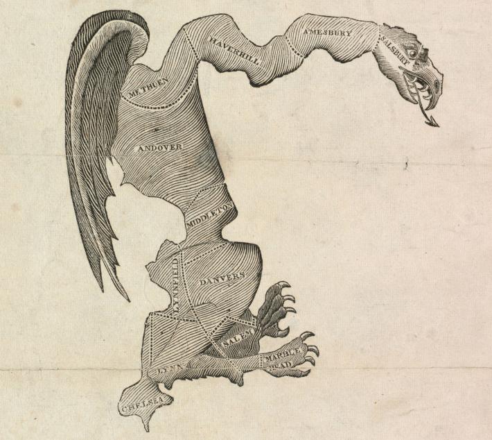 The original gerrymander, a Massachusetts district drawn in the early 1800s