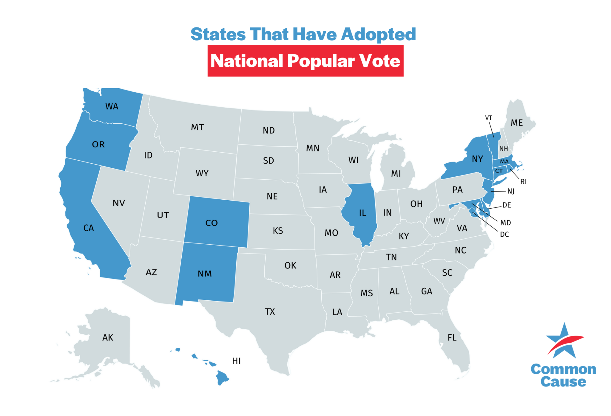 Map of states that have adopted the National Popular Vote compact