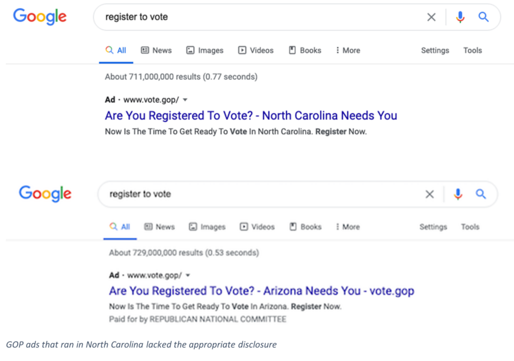 GOP ads ran on Google in North Carolina lacked the appropriate disclosure
